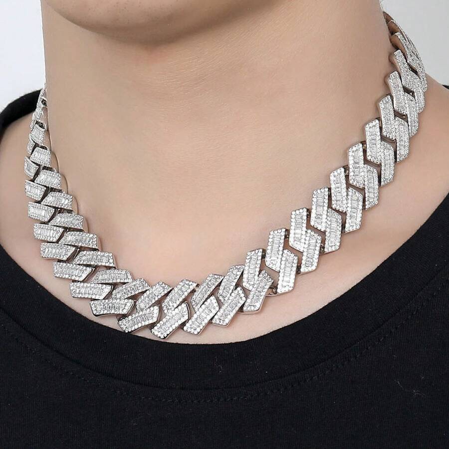 20MM Diamond-Studded Necklace With A Unique And Versatile Design, Copper Inlaid With Zirconia, Rectangular Cuban Chain Necklace For Men - A - 查看 1