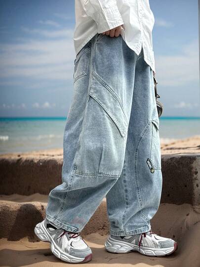 Quần jean denim dáng rộng thoải mái cho bé trai tuổi teen, thích hợp mặc hàng ngày, đi học, đi chơi ngoài trời, mùa xuân.