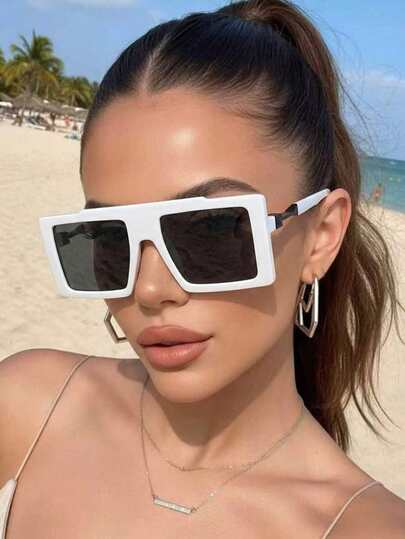 1 Pair Women's Plus Size Retro Square Shield Fashion Glasses, Stylish Street Fashion Personality Fashion Glasses, Suitable For Beach, Vacation, Travel, Outdoor Activities