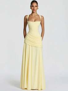 Elegant Women's Backless Strapless Sleeveless Bodycon Draped Party Dress - Màu vàng - Xem 5