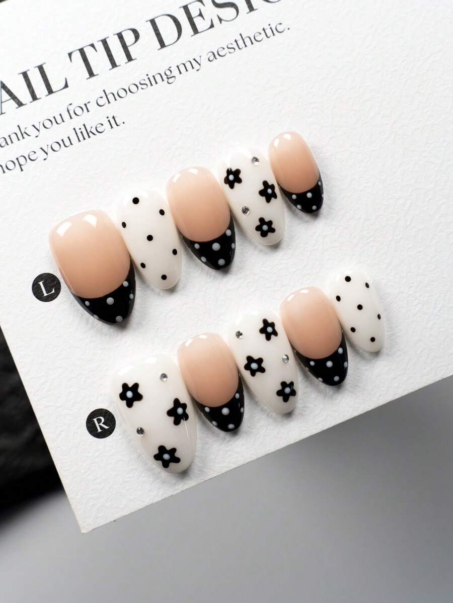 10 Pieces, Handmade Short Black French Flower Almond Shaped Design, Suitable For Acrylic Pressed Fake Nails Worn By Women And Girls At Holiday Parties, Including 1 Mini Nail File And 1 Self-Adhesive Label - Multicolor - View 1