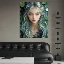Enmarcado 1 pieza, con marco,  [2D Plano] Arte de Pared en Lienzo de la Diosa del Agua Etérea con Estanque de Lirios Encantador y Cabello Plateado Fluyente para Decoración de Hogar Mística y Serena, 2D Plano - Enmarcado - Ver 4