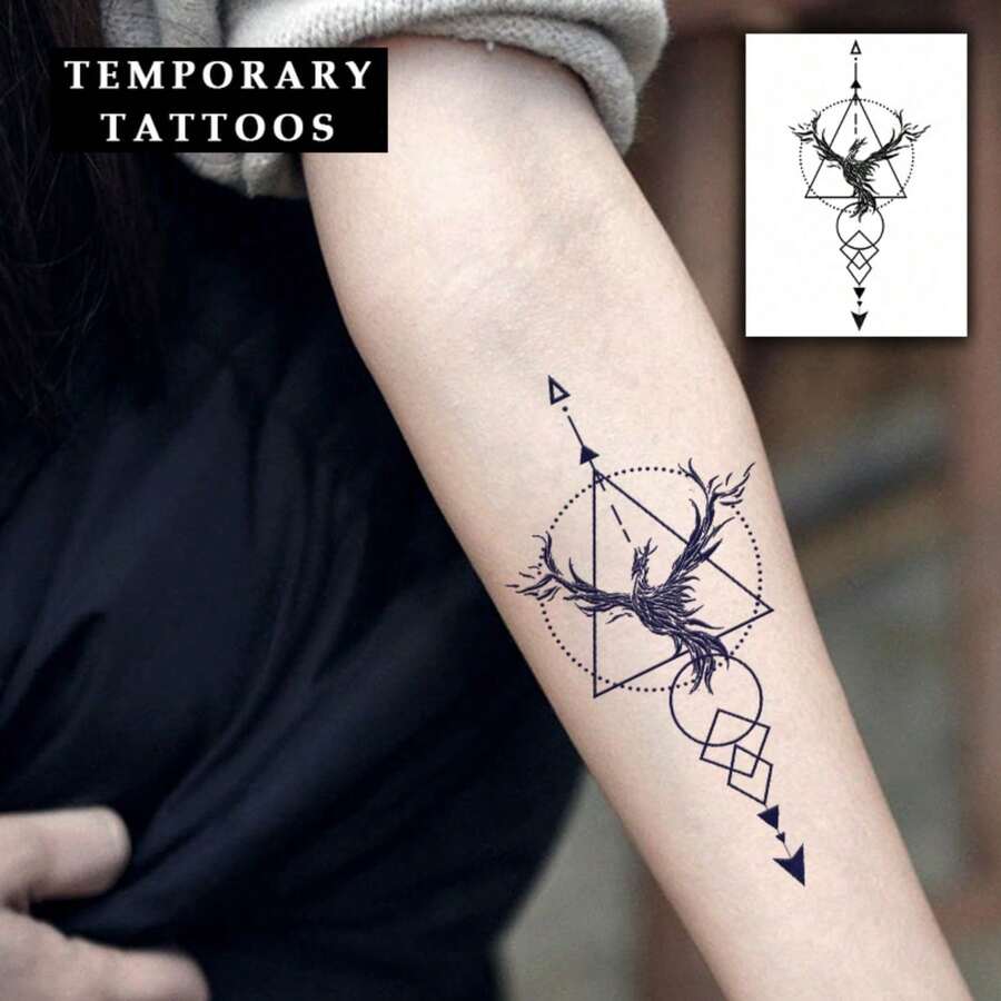 AMIFANS Tatouage temporaire Phénix géométrique, tatouage semi-permanent, tatouage durant 1-2 semaines, tatouage longue durée, tatouage à base de jus, tatouage réaliste, tatouage romantique, faux tatouage, imperméable, apparence de vrai tatouage, tatouage de design de niche, tatouage de fruits, tatouage à base de plantes - Noir - Voir 1