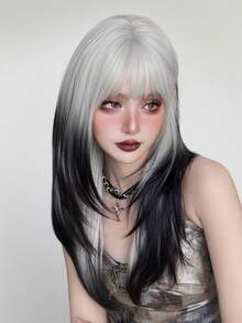 漸層黑色銀色女用假髮 24英吋長層次直髮附瀏海 時尚自然外觀合成纖維假髮 適用音樂節、派對、哥德風、Cosplay - 銀色 - 查看 5