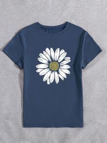 Camiseta de algodón 100% con cuello redondo, manga corta y estampado de perlas falsas, top casual de verano para mujer - Azul marino 3 - Ver 4