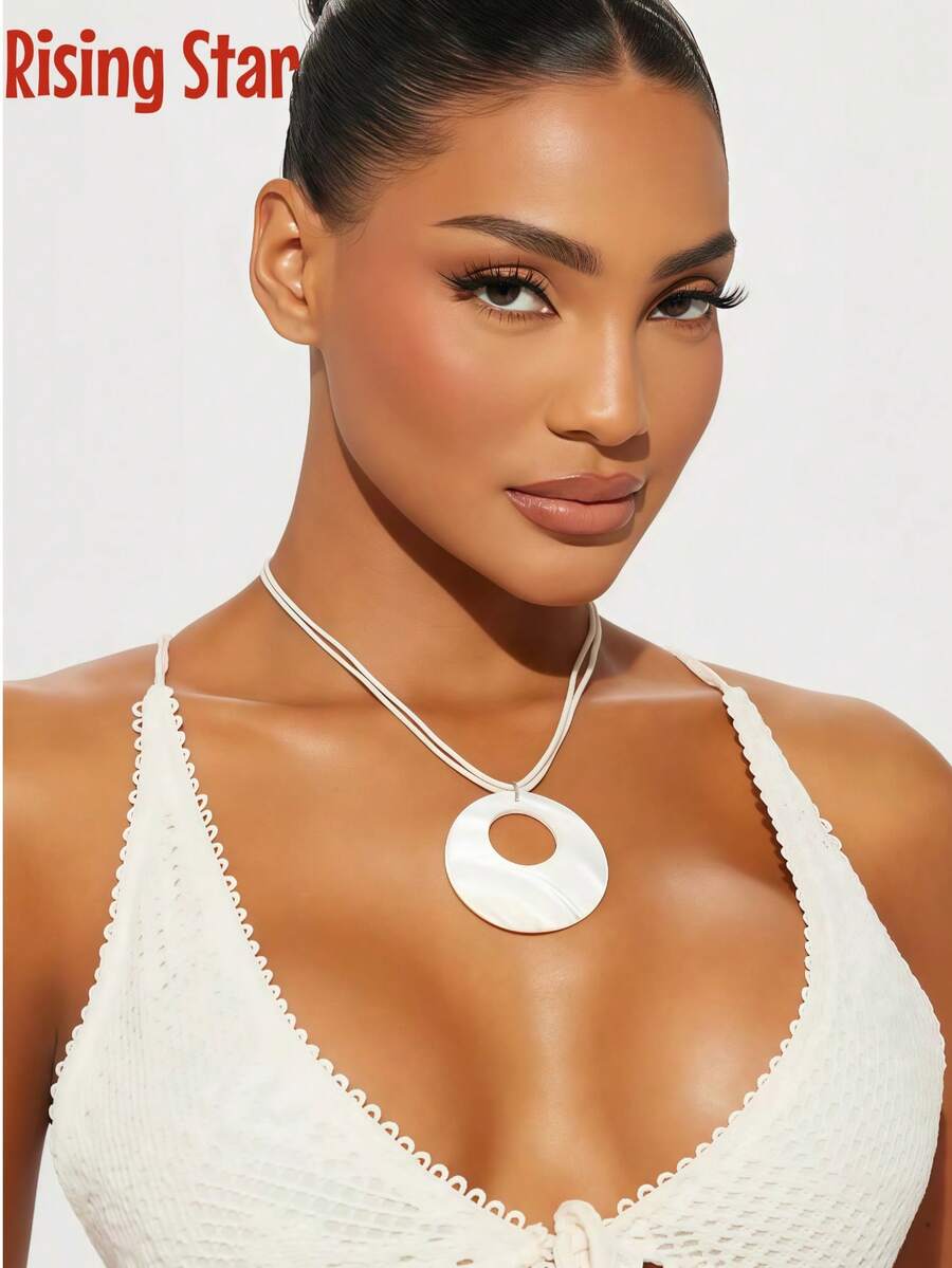 1pc Bohemian Vacation Style White Round Resin Shell Pendant Necklace, Summer Beach Versatile Elegant Neck Accessory - Shell Necklace - View 1