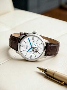 Fossil Men's Automatic Mechanical Wristwatch, Brown Crocodile Leather Strap, Silver Case, White Dial With Joyful Mechanical Movement, Blue Hands, Silver Roman Numerals, Small Seconds Dial, Classic Gentleman's Formal Watch, Luxury Gift For Father Or Husband - White - View 4