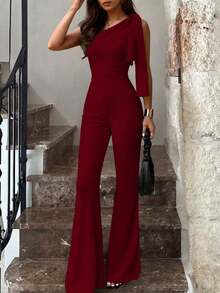 Women's Sexy Elegant Asymmetric Shoulder High Waist Black Jumpsuit |   Sexy, Slim-Fit, Elegant, Suitable For Parties, Casual Wear, And Nightclub Outfits Summer - 酒紅色 - 查看 4