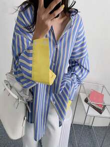Plus Size Striped Button Down Shirt, Casual Color Block Cuff Long Sleeve Blouse - 藍色 - 查看 2