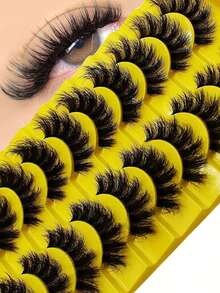 10 Pairs Full Set False Eyelashes, Russian Lashes, D Curl Fluffy Mink-Like, Cat Eye Extended, Natural Thick, Lash Extension, Travel Makeup Essential, False Lashes - Black - View 1
