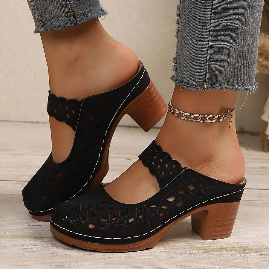 Women's Hollow Out Chunky Heel Mules Slip On Clogs For Beach Vacation Daily Commute Shopping Outdoor Summer Wear Sporty Hollow Out - 黑色 - 查看 1