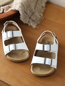 1 Pair Kids' Soft Bottom Non-Slip Hook And Loop Flat Open Toe Sandals, Comfortable Versatile Beach Shoes For Summer - Beige - View 4