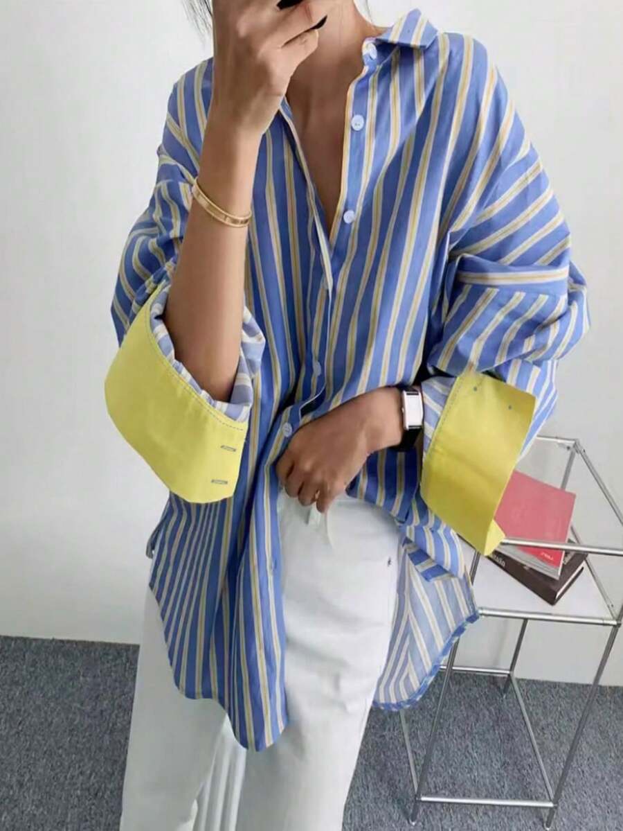 Plus Size Striped Button Down Shirt, Casual Color Block Cuff Long Sleeve Blouse - 藍色 - 查看 1