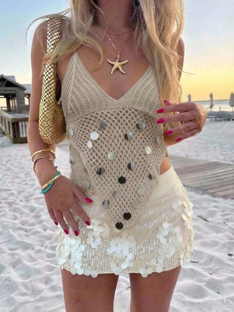Women's New Y2K Sexy Deep V-Neck Spaghetti Strap Camisole, Glitter Sequins, Lightweight Hollow-Out Asymmetric Knit Crop Top, Bodycon Backless, Bohemian Style, Suitable For Beach Vacation, Beach Party, Music Festival, Pool Party, Outing, Date Summer - Khaki - View 1