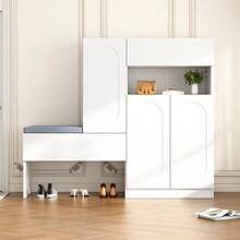 Moderner 2-in-1 Schuhschrank mit gebogenen Türen: Tür mit Soft-Close-Mechanismus, höhenverstellbare Fächer und gepolsterte Sitzbank, weiß, 130 * 35 * 110 cm. - Weiss - Übersicht 3