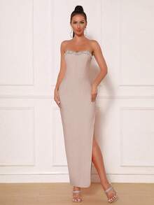 Modphy Rhinestone Strapless Slit Tube Bridesmaid Dress, Party Bandage Dress - Apricot - View 3