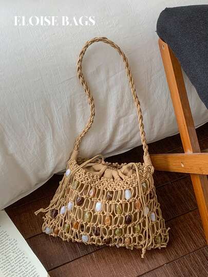 Vintage Woven Hollow Net Bag With Colorful Beaded Decor, Drawstring Closure One Shoulder Bag, Essential For Beach Vacation And Photo Shoot