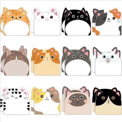 12 Pcs/Set, Or 6 Pcs/Set (Random Styles) Cute Cat Sticky Notes, Notepads, Memo Pads, Fun Sticky Notes, Office Supplies, Home Supplies, School Supplies, Roommate Supplies, Tag Gifts, Study Supplies, Back To School Supplies,Stationery Gifts, Office Desk Accessories