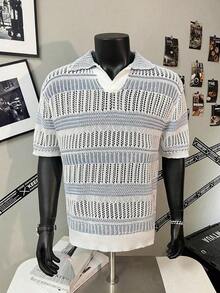 Men's Hollow Out Semi-Sheer Striped Knit Short Sleeve Polo Shirt, Comfortable Breathable Lightweight Knit Top For Casual Wear, Suitable For Vacation And Valentine's Day - Blue and White - View 6