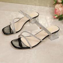 1 Pair Fairy Style Rhinestone Transparent Heel Sandals, Fashionable 2-Way Wear Open Toe Silver Thin Strap Rhinestone Minimalist Chunky High Heel Shoes, Lightweight Comfortable Non-Slip For Vacation, Travel And Outdoor Wear (Suggested To Order One Size Up) - Black - View 2
