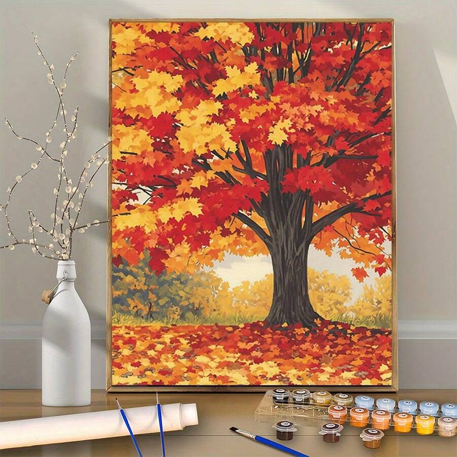 Kit de pintura profesional para uso artístico, 1 pieza, escena de árbol de otoño, pinceladas de pintura al óleo - Adecuado para principiantes, kit de pintura digital - 40.64X50.8 cm - Sin marco - Color por números - Hecho a mano para set de arte - Pintura por números - Acrílico - Sin marco - Ver 1