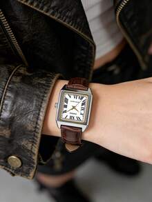 Casio 女士复古方形表盘罗马数字白色表盘棕色皮表带石英模拟腕表，金色点缀，复古经典正装腕表，适合妻子、母亲、女儿、周年纪念日、情人节、婚礼、派对、办公室、约会之夜等场合，优雅时尚。 - 棕色 - 查看 2