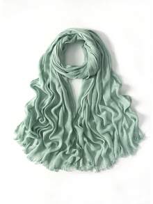 1件亚麻纯色头巾，穆斯林人造丝褶皱流苏边头巾，适合搭配长袍，夏季沙滩围巾/披肩 - 彩色 - 查看 42