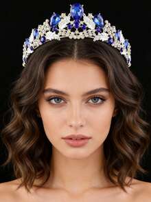 1件巴洛克风格水滴玻璃合金皇冠新娘头饰，节日生日派对成长礼物配饰 - 藍色 - 查看 1