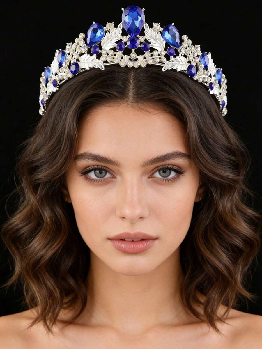 1件巴洛克风格水滴玻璃合金皇冠新娘头饰，节日生日派对成长礼物配饰 - 藍色 - 查看 1