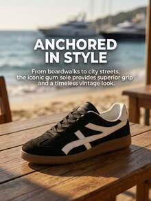 Men's Black And White Urban Sneakers, Minimalist Contrast Stitching On Upper & Soft EVA Midsole For All-Day Comfort - 黑色 - 查看 7