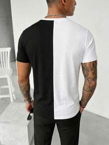 GRDR 男士夏季經典對比色設計圓領短袖T恤，時尚簡約通勤百搭 - 黑與白 - 查看 2