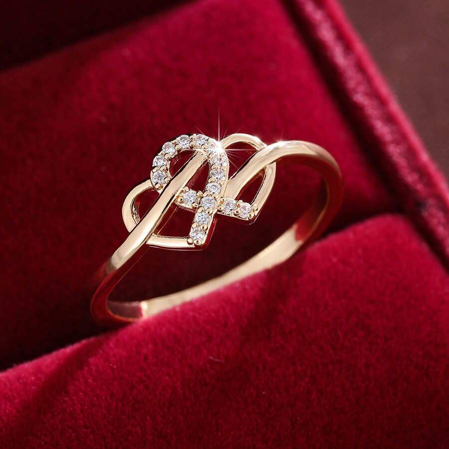 1pc Delicate Double Heart Design Cubic Zirconia Inlaid Women's Ring, Gift For Lover - Multicolor - View 1