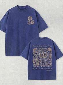 230g Washed, Secret Printed T-Shirt With Fresh Flowers, High-Quality Wax Printed Cotton Retro Fashion Brand T-Shirt, Men's T-Shirt, Beach Essential-61 - 藍色 - 查看 14