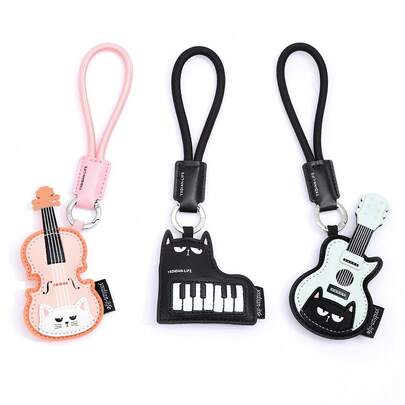 Süße Katze Musikinstrument PU Leder Schlüsselanhänger, Violine Klavier Gitarre Cartoon Anhänger, kreative Taschenbaumler Schlüsselring, Geschenk für Freunde