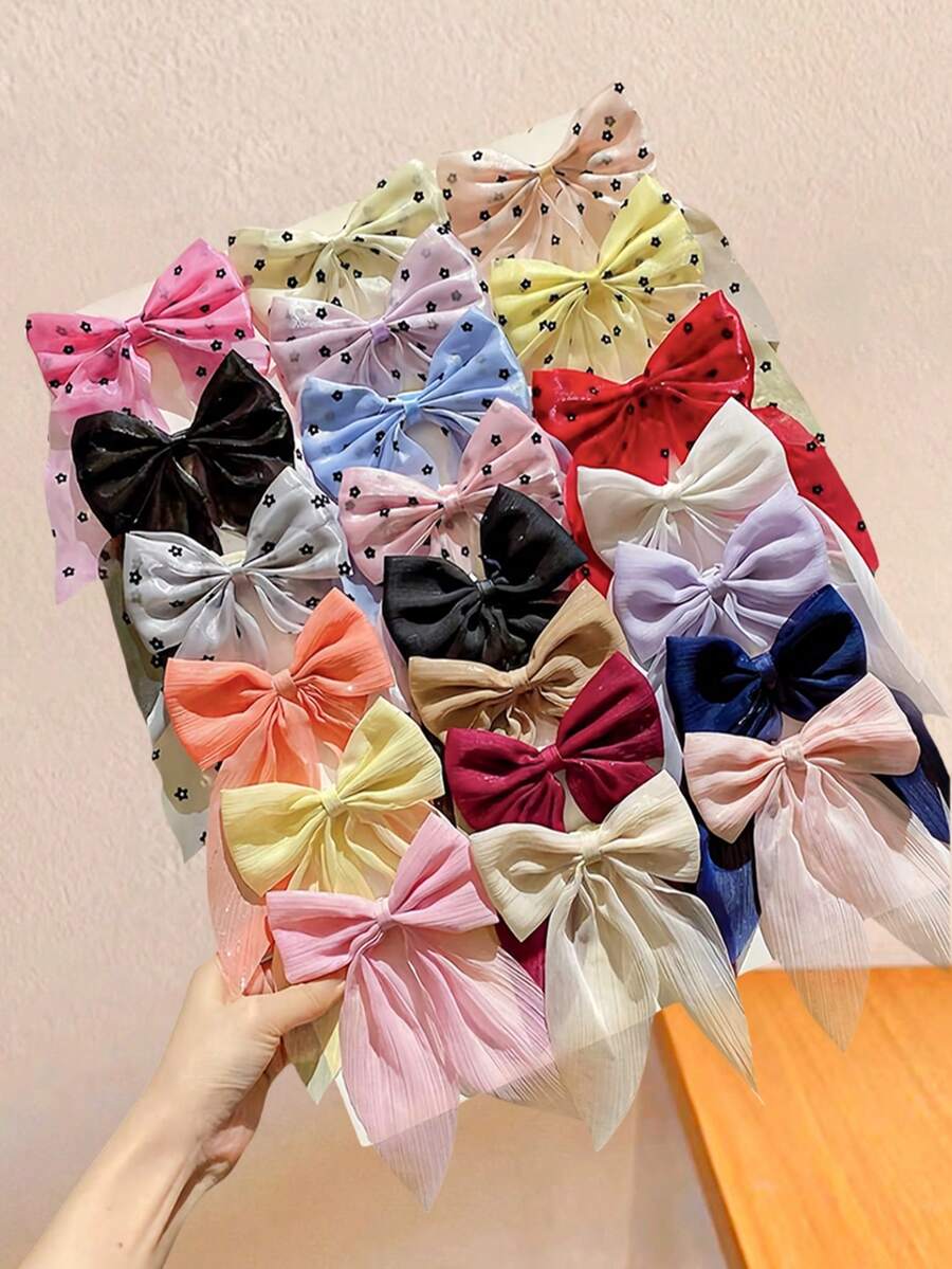 20pcs/Set Multi-Color Floral Bow Hair Clips Combination, Sweet Girl Style Hair Accessories - Suitable For Girls And Women, Rich In Colors Including Red, Burgundy, Pink, Purple, Blue, Beige, Black And White, Shiny Chiffon Fabric With Subtle Gloss, Floral Design Is Sweet And Cute, Flowing Long Tail Design Is Dynamic And Ethereal, Can Instantly Elevate The Atmosphere For Half Ponytail, Buns Or Updo Hairstyles!,Festival,Party, Claw Clips - Multicolor - View 1