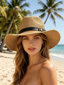 Women's Wide Brim Straw Panama Hat, UPF 50+ Sun Protection, Adjustable Waist Strap, Foldable Beach Travel Hat,Holiday,Festival - Panama Straw Hat - View 2