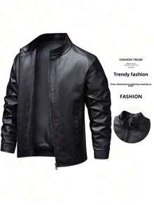 Men's Long Sleeve Windproof Casual Stand Collar PU Leather Jacket, Autumn/Winter, Grunge - màu đen - Xem 8