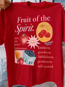 Shirt Women's Fruit Print Round Neck T-Shirt - Soft Casual Short Sleeve Top With Inspirational "Fruit Of The Spirit" Design, Vibrant Strawberry Blueberry Lemon Graphics, Machine Washable Regular Fit For Casual Attire, T-Shirt Stylish, Comfortable TeeLoose And Comfortable2026 Halftime Show Shirt - 紅色 - 查看 6