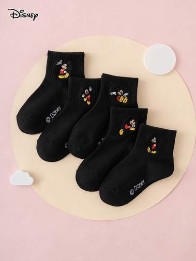 Disney 5双趣味十足的卡通风格可爱刺绣迪士尼米奇跳舞图案儿童袜，中筒袜，运动袜，四季皆宜，欧码，舒适透气，经久耐穿，色彩丰富，适合日常穿着，优质面料，穿着舒适无负担。