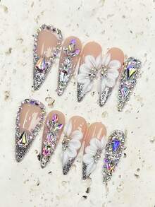 10Pcs Handmade Press On Nails Long Nails Long Stiletto Press On Nails Press On Nails Acrylic Fake Nails Nails Nails Press On Nail Y2K Goth Cute Style Nude Pink With Silver Glitter Gradient Nails, 3D White Flower Charms, AB Rhinestone & Asymmetric Gem Nail Charms Glossy Shiny Finish Reusable Easy To Apply Luxurious Bling Nail Art Nail Tips - Multicolor - View 4