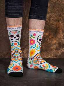 1/3双彩色糖骷髅（Calavera）图案袜子，饰以花卉和几何图案，色彩丰富，充满民间艺术气息，男士新奇船袜，夏季时尚 - 彩色 - 查看 2