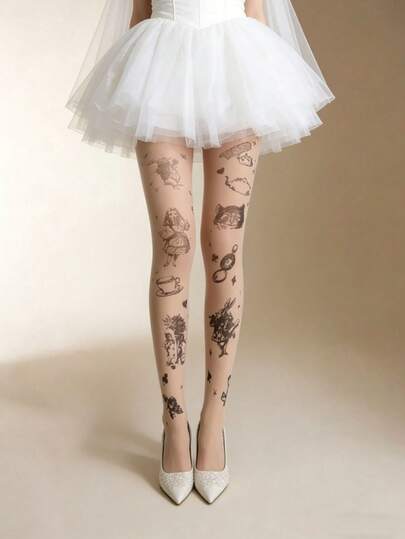 1双裸色透明卡通兔子印花紧身裤，性感显瘦，防滑可爱兔子图案丝袜，适合Y2K和婚礼季穿着。