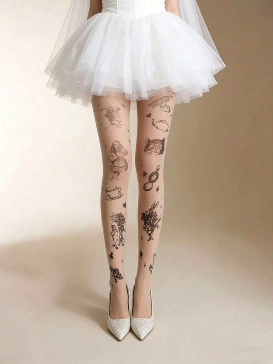 1双裸色透明卡通兔子印花紧身裤，性感显瘦，防滑可爱兔子图案丝袜，适合Y2K和婚礼季穿着。 - 彩色 - 查看 1