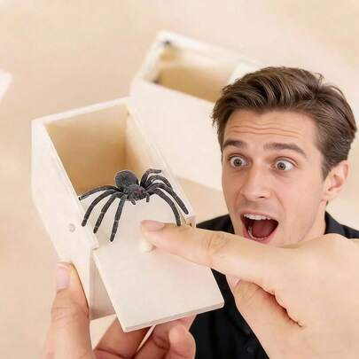 1个木制蜘蛛玩具恶作剧道具盒 - 逼真可动橡胶蜘蛛恶作剧玩具，可重复使用，趣味十足
