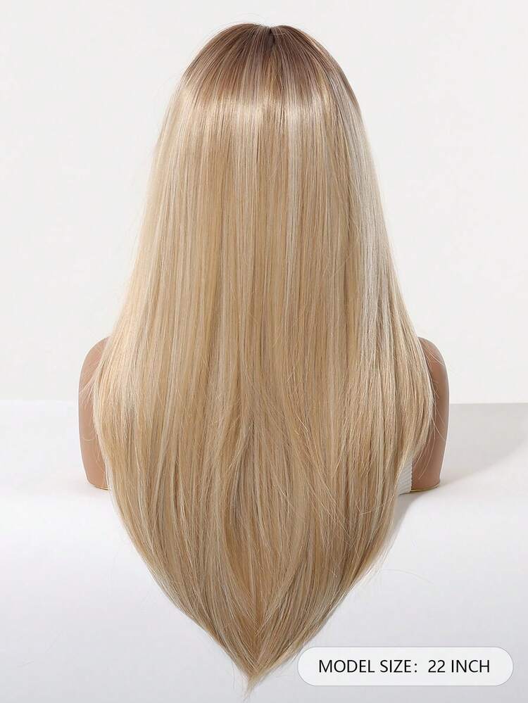 22 Inch Ombre Blonde Wig Two Tone Dark Root Long Straight Layered With Curtain Bangs, Machine Made Heat Resistant Synthetic Wig, Natural Looking Daily Wear Wig For Office & Party - Gold - View 4