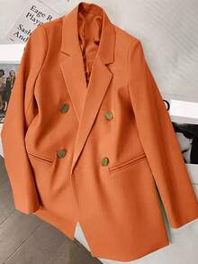 Blazer Wanita Lengan Panjang Polos Kancing Ganda Musim Semi & Musim Panas, Kerah Berlekuk | Ideal untuk Kencan, Pesta, Jalan-jalan & Perayaan Meriah - Oranye - View 7