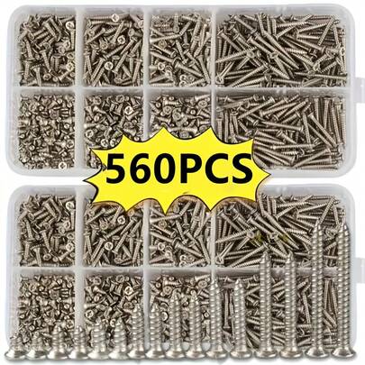 Bộ 560 ốc vít tự ren dùng cho gỗ - Bao gồm 8 kích cỡ khác nhau của ốc vít kim loại dẹt M2.