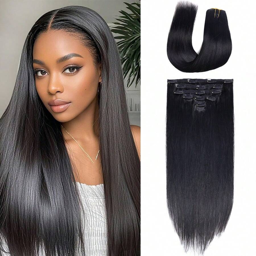 Extensiones de cabello liso con clips - Extensiones sintéticas largas con clips de 20 pulgadas, paquete de 6, colores negro, marrón y degradado natural, para uso diario y glamour de fiesta de mujeres