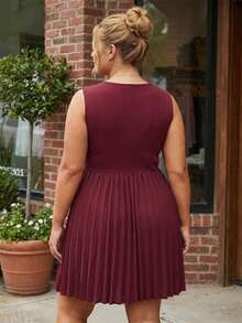Women's Plus Size Mini Dress Summer Fashionable Solid Color V Neck Sleeveless Ruffle Hem Dress - Rojo - Ver 6