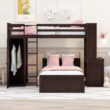 MERAX Twin Size Loft Bed With A Stand-Alone Bed, Shelves,Desk,And Wardrobe - 棕色 - 查看 2